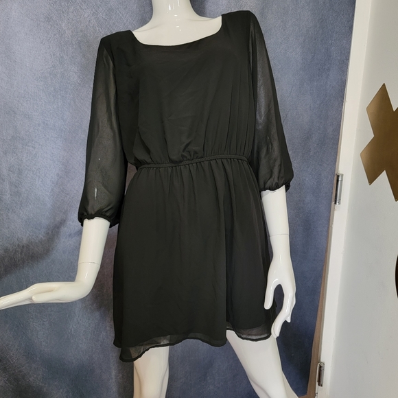 Black Sheer Linen LARGE Mini Dress Open Back Cutout Balloon Sleeves Flowy & Airy - Picture 4 of 16